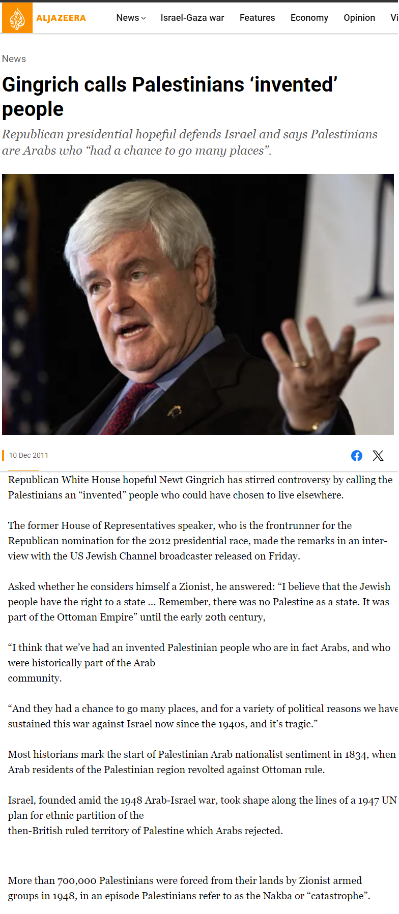 Gingrich calls Palestinians ‘invented’ people